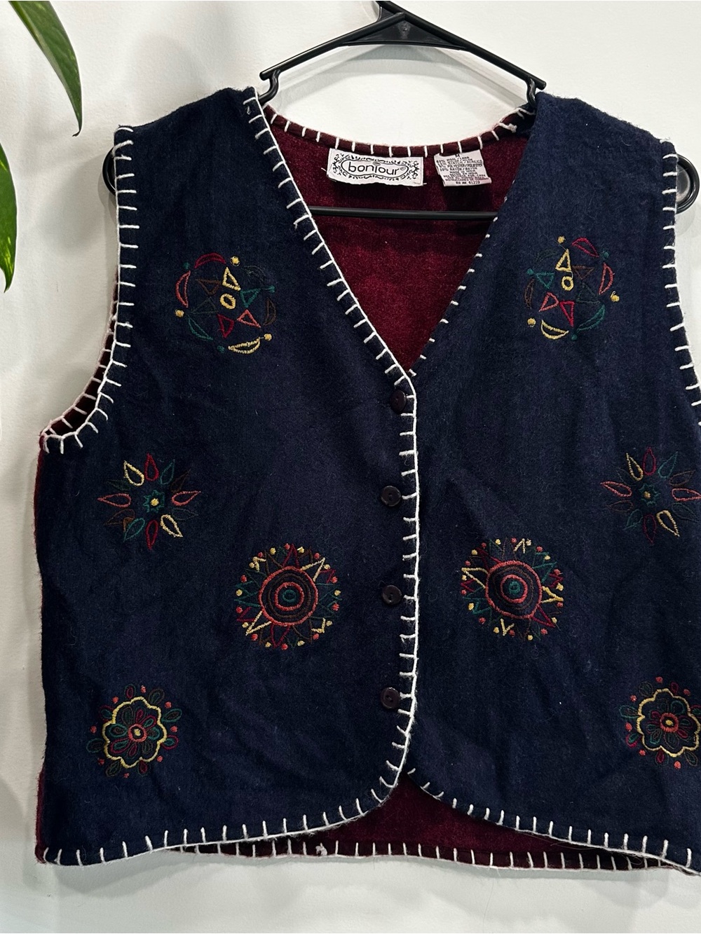 Vtg Wool Blend Hand Embroidered Geometric Floral Vest Women’s M Folk Art Boho
